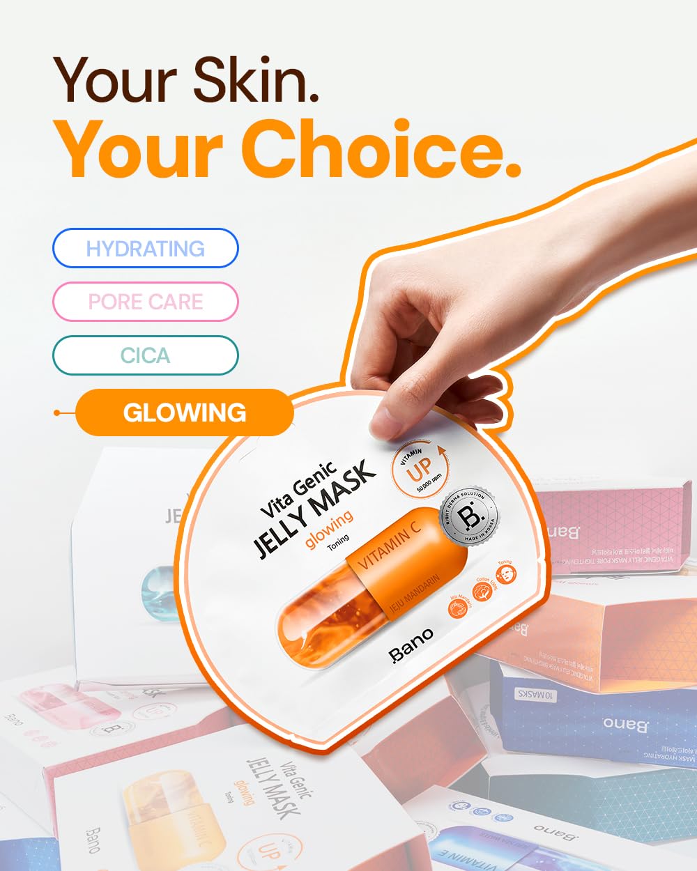 Bano Vita Genic Jelly Face Glowing Mask 10EA – Hydrating Sheet Mask for Sensitive Skin, Korean Glass Skin Care with Vitamin C, Biotin & Niacinamide, Fragrance-Free