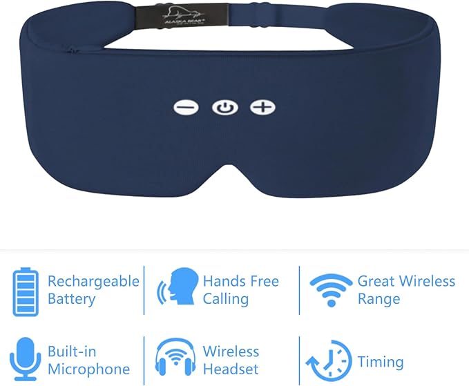 ALASKA BEAR Sleep Headphone Eye Mask w/Thin Speakers, Comfortable Flat Earphones for Sound Therapy (Navy)