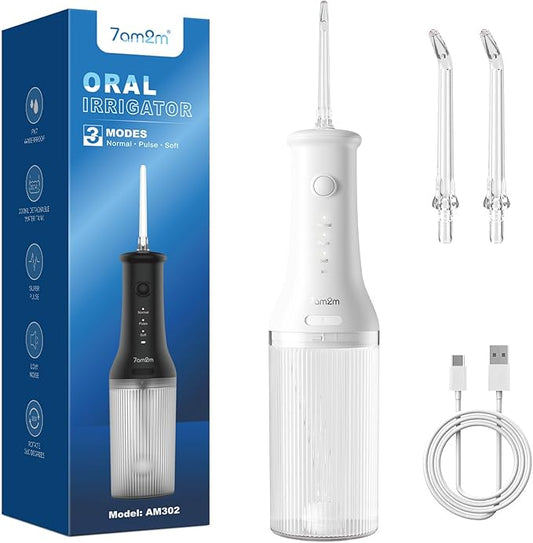 7AM2M Portable Water Flosser Cordless, Water Flosser with 3 Modes and 2 Jet Tips, USB C Rechargeable, IPX7 Waterproof, Dental Water Flosser for Travel and Home Use (White)