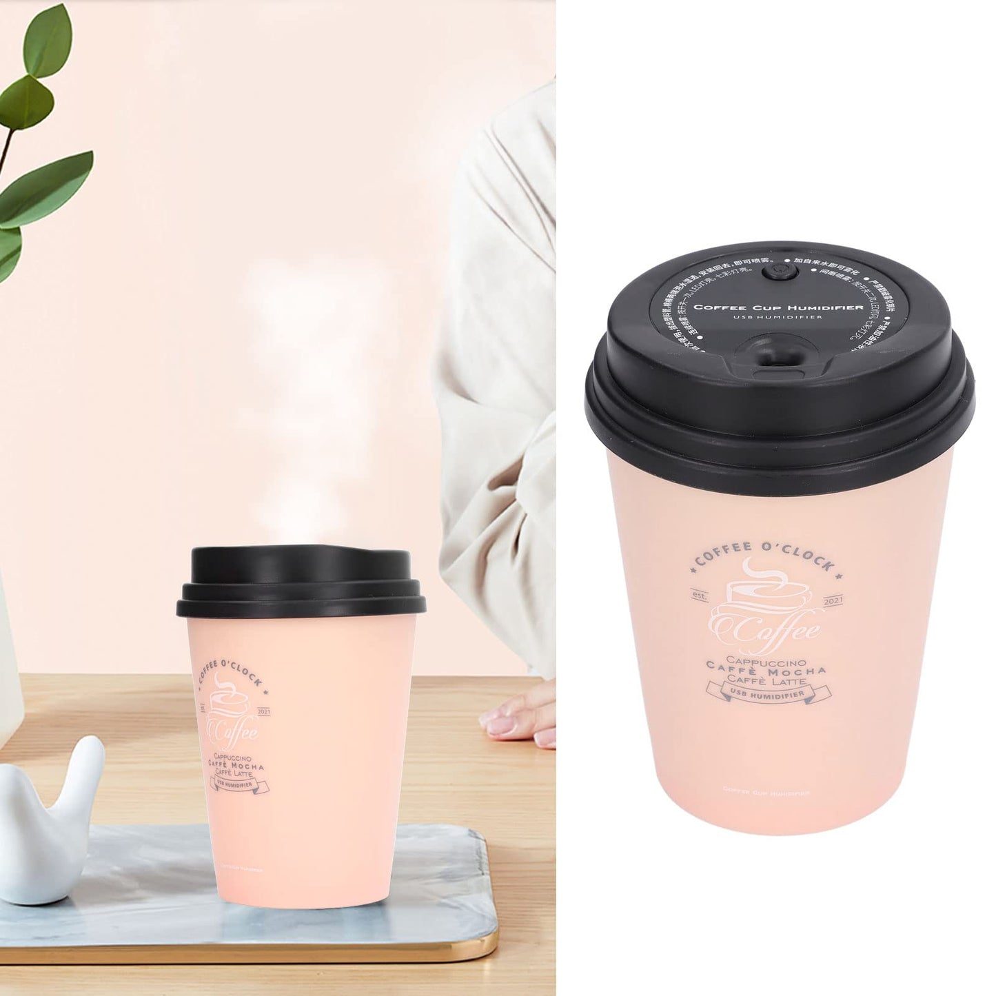 Mini Humidifier, USB 300ml Coffee Cup Low Noise Auto Off Desk Humidifier, Car Humidifier Diffuser, Small Humidifier, Portable Humidifier for Travel, Cute Humidifiers for Bedroom Home Office(Pink)