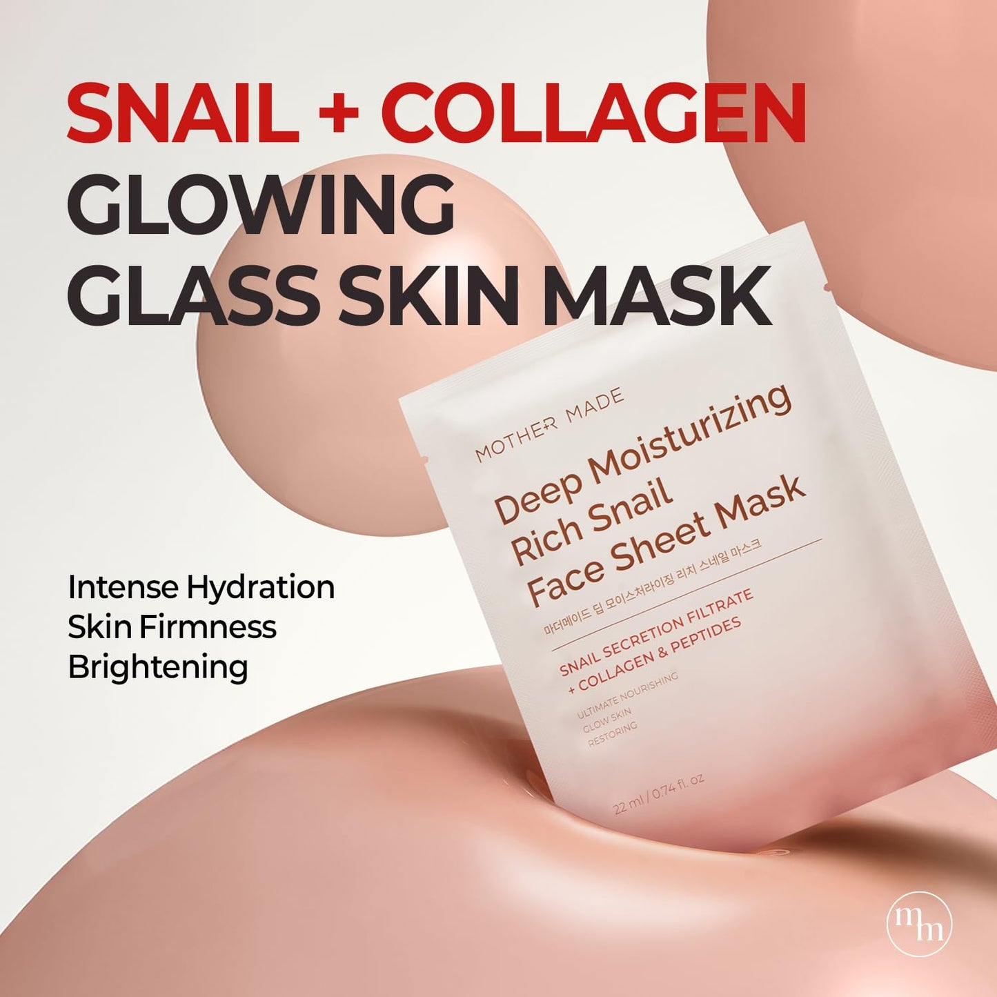 MOTHER MADE Deep Moisturizing Rich Snail Collagen Face Sheet Mask Pack of 5, with Snail Mucin, Low Molecular Collagens, Peptides, Niacinamide 2%, Korean Skin Care
