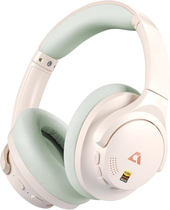 1Mii Y8+ Noise Cancelling Headphones Bluetooth, Wireless LDAC Hi-Res Audio, Custom EQ via App, 75H Playtime, Comfort Fit, Over Ear Headphones Foldable for Airplane Travel Home Office Beige Green