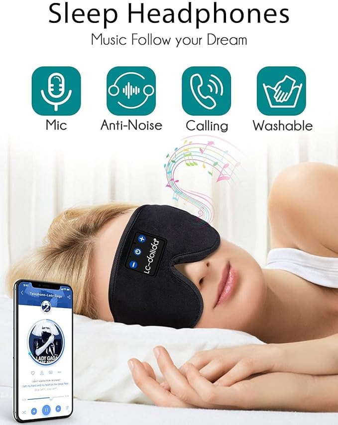 LC-dolida Sleep Mask with Bluetooth Headphones, Sleep Headphones Bluetooth Sleep Mask Eye Mask Pressure Relief Night Sleeping Headphones for Side Sleepers Best Gift and Travel Essential