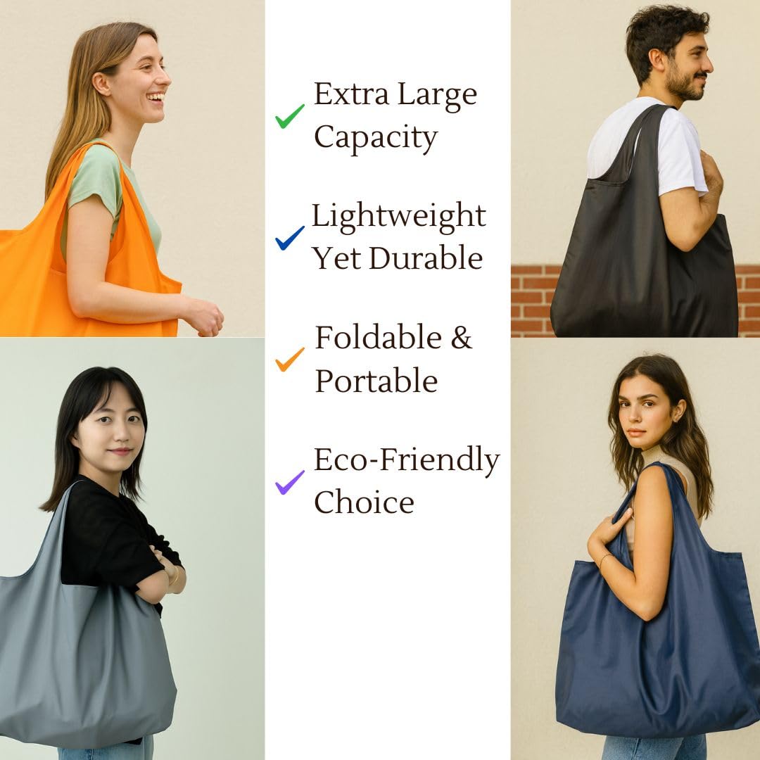 Zenloria Foldable Reusable Grocery Bags – Heavy Duty 6 Pack with Handles | XL Tote for Women & Men, Market, Travel, Storage (Black, Grey, Blue, Army Green, Yellow, Orange)