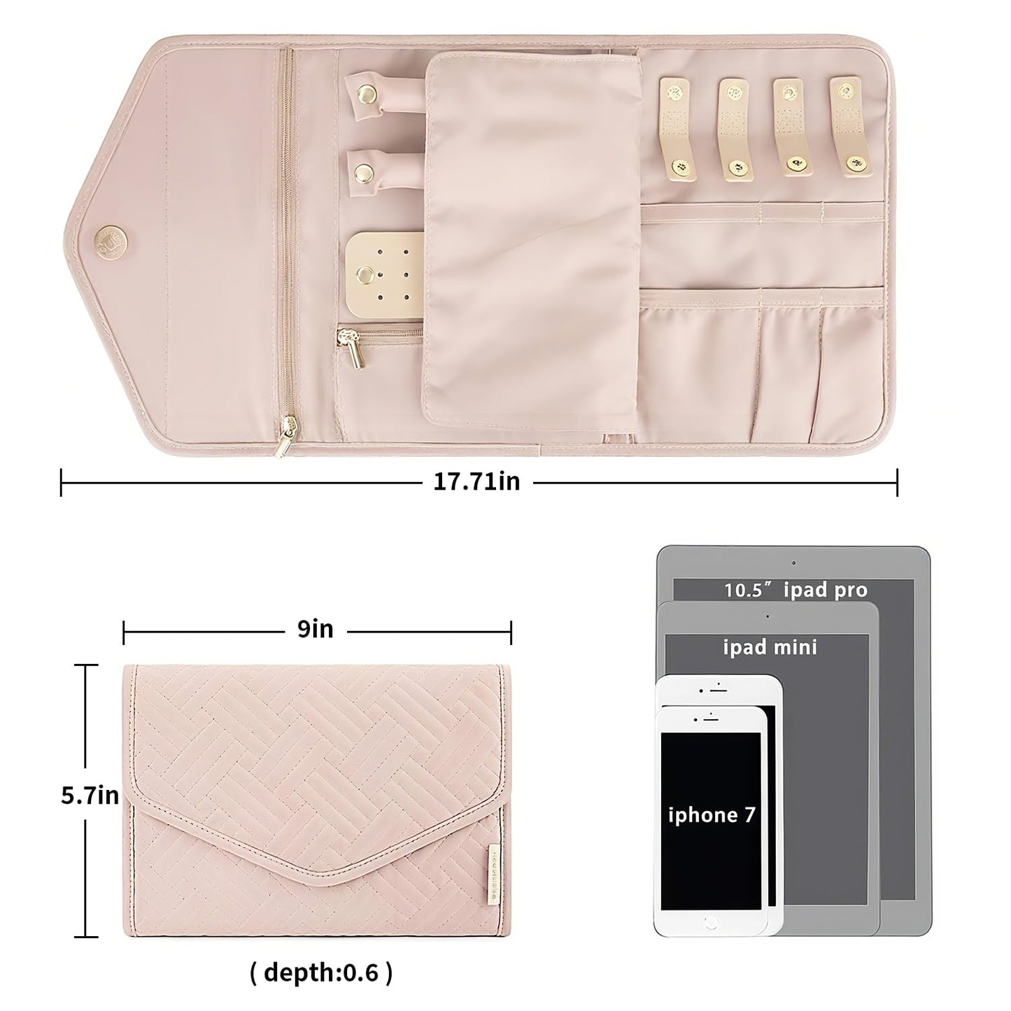 TxufrDo Travel Jewelry Case Organizer Roll Foldable Jewelry Case for Journey-Rings Necklaces Earrings Bracelets Brooches Portable Travel Essentials Pink