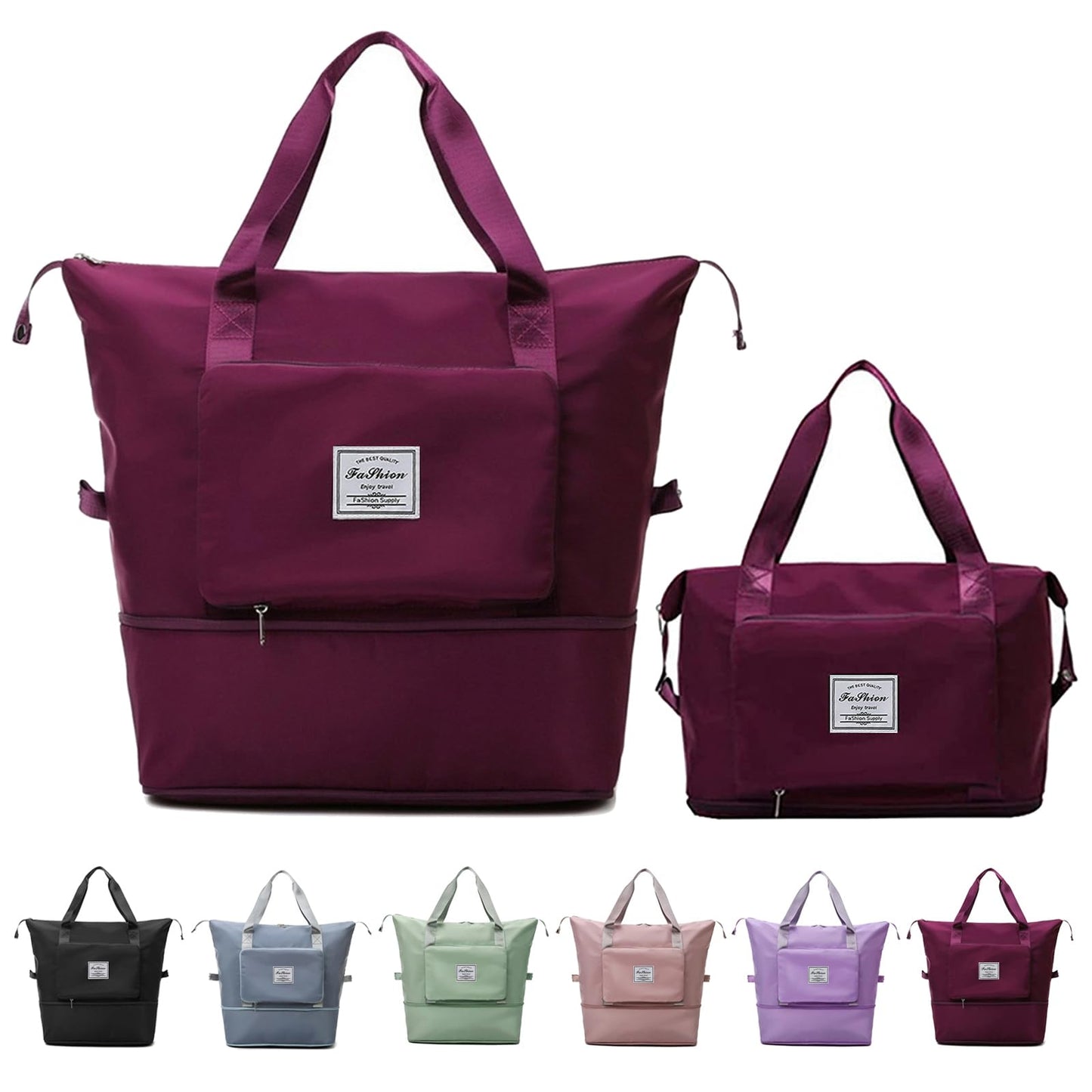 Large Capacity Folding Travel Bag, Lightweight Waterproof Luggage Bag, Expandable Travel Duffel Bag, Dry Wet Separated Gym Tote Bag, Weekender Overnight Bags for Women and Man (Fuchsia)