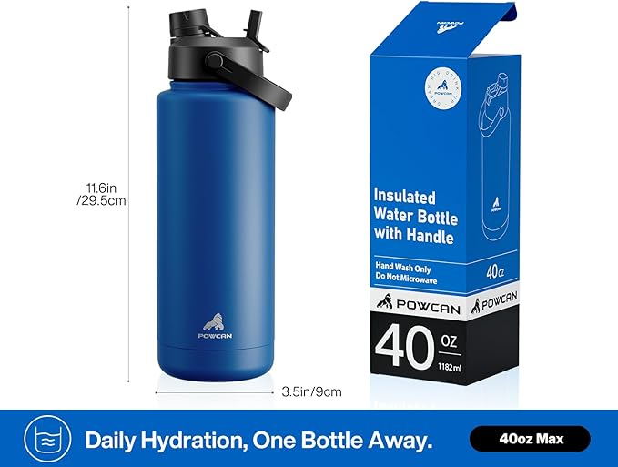 40 oz Insulated Water Bottle with 2-in-1 Straw and Spout Lid, Keep Cold 24H, Leak-Proof, BPA-Free, Double Wall Stainless Steel Water Bottle for Sports, Gym, Travel, and School (Pacific Ocean)