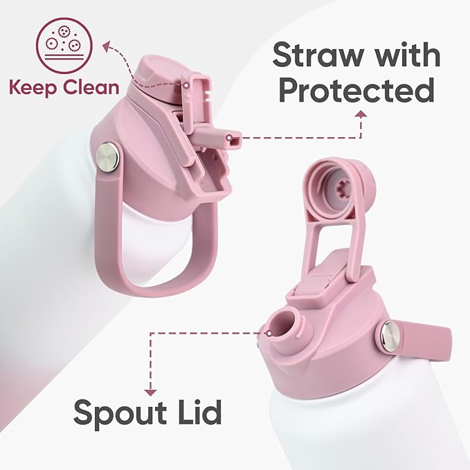 32 oz Insulated Water Bottle, 2-in-1 Lid, Straw & Spout with Protected, Leak Proof, Keep Cold, Stainless Steel, Metal, Reusable, Handle, for Outdoor, Gym and School, 2 Lids, Iced Plum