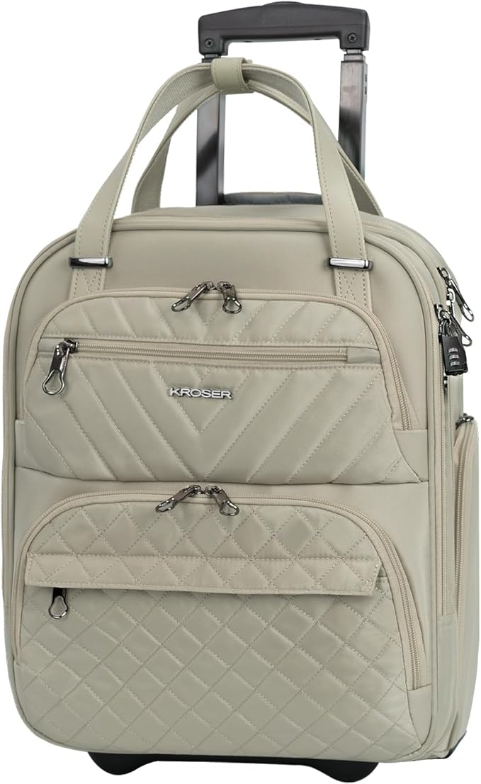 KROSER Carry On Underseat Multi-functional, 16-inch Underseater Lightweight Overnight Suitcase for Women, Light Khaki