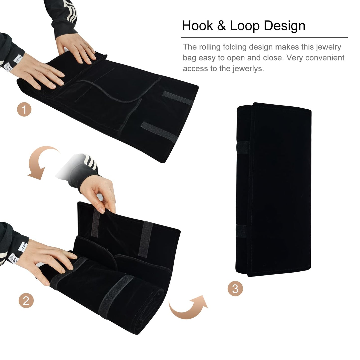 SCIKHEFT Velvet Travel Jewelry Case Roll Bag Organizer for Necklace Bracelet Earrings Ring (Black)