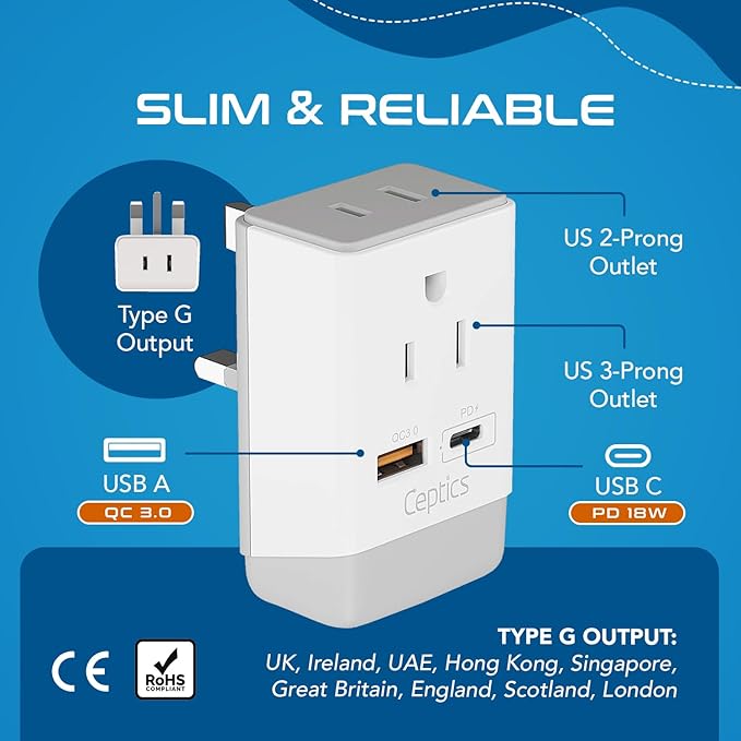 Ceptics UK Ireland Hong Kong Plug Adapter, International Power Plug with USB & USB-C - 2 USA Socket, QC 3.0 & PD - Type G Outlet Adapter for USA to British England Scotland London - Fast Charging