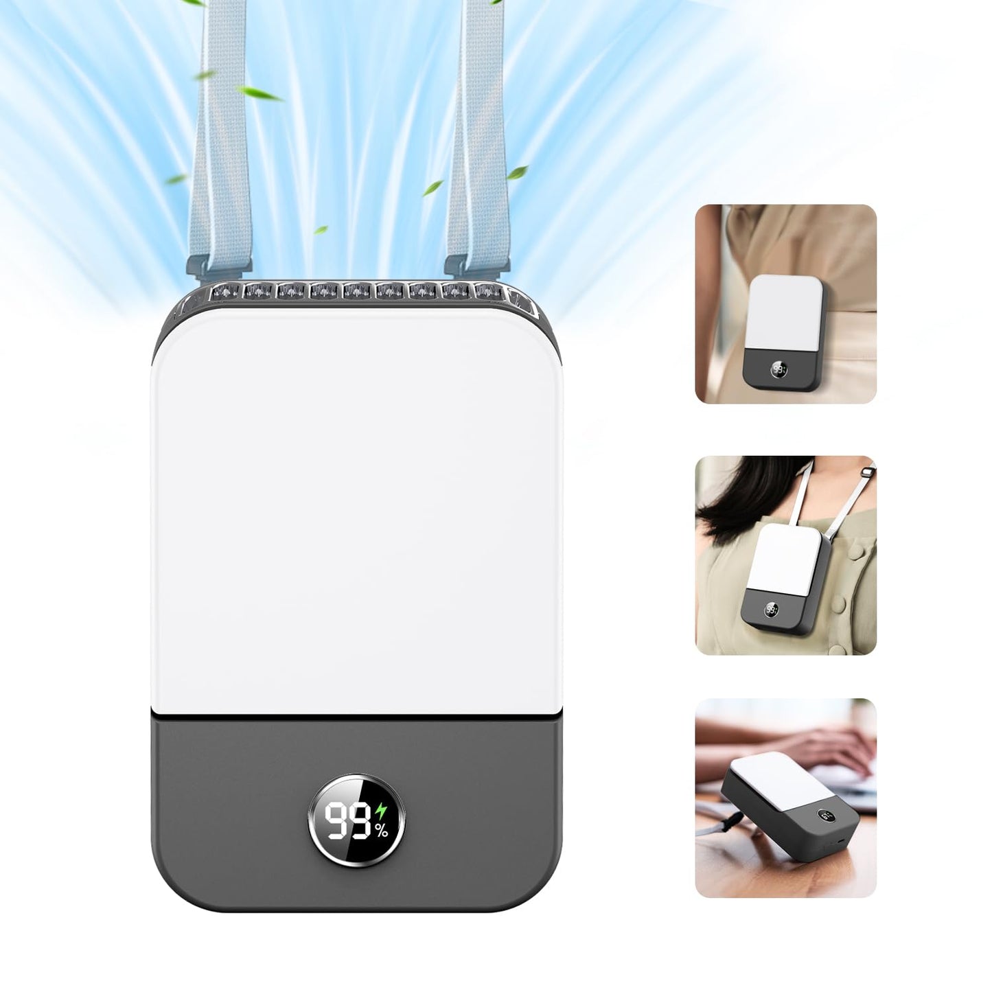 Andwing Portable Neck Fan Rechargeable, Mini Fan Handheld with Waist Clip 3 Speed Adjustable, Leafless Personal Fan for Home Office Outdoor Travel (Grey)