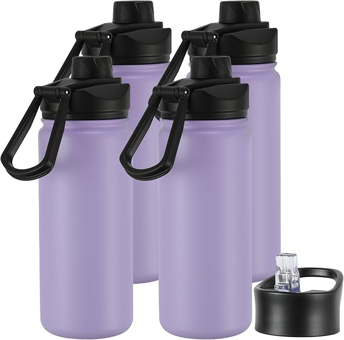 16 oz Insulated Water Bottle with Straw Lids, Stainless Steel Kids Water Bottles for School, Double Wall Vacuum Metal Water Bottle with Straw & Wide Mouth Lid, Lavender 4 Pack