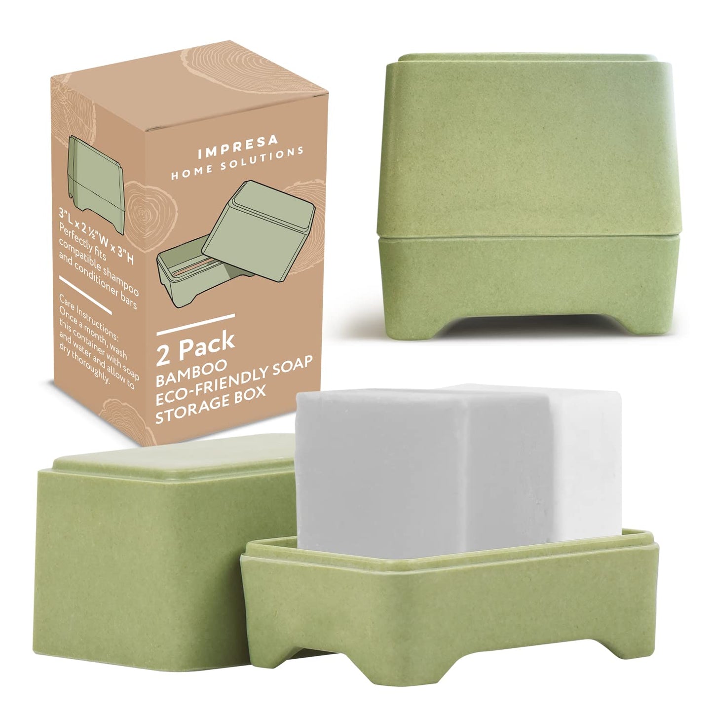 Impresa [2 Pack] Bamboo Soap Holder Compatible with Ethique Shampoo & Conditioner Bars - Quick Drying Slatted Soap Box & Shampoo Bar Container - Compostable Sugarcane