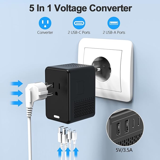 220V to 110V Voltage Converter US to Europe for Hair Dryer with Fast Charging 2 USB A 2 USB C, Power Converter Adapter Combo International Adapter A C G I (Black)