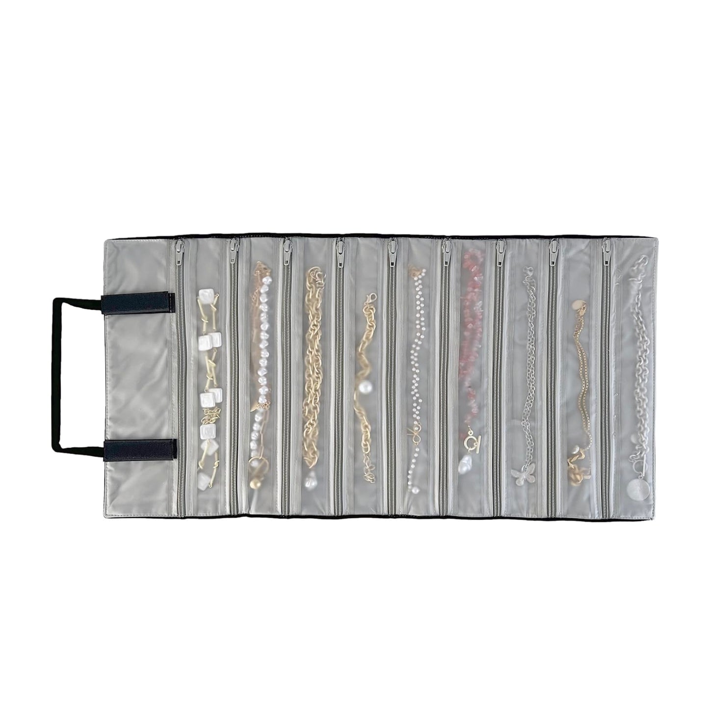 UnionPlus Velvet Travel Jewelry Case Roll Bag Organizer for Necklace, 9 Zipped Grids, Black and Grey