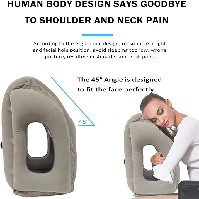 Inflatable Travel Pillow,U-Shaped JYSW Portable Airplane Pillow Multifunctional Neck and Head Support Lap Pillow for Airplanes Trains Buses and Office Napping with Eye Mask, Earplugs, Grey