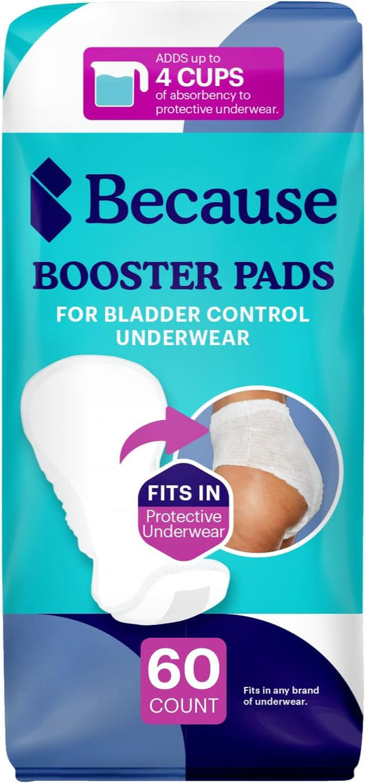 Because Premium Incontinence Booster Pads for Men and Women, Adds 4 Cups Extra Absorbency to Adult Diapers, Super Soft, Adhesive Strip Backing, Unisex, 60 Count (3 Packs of 20)