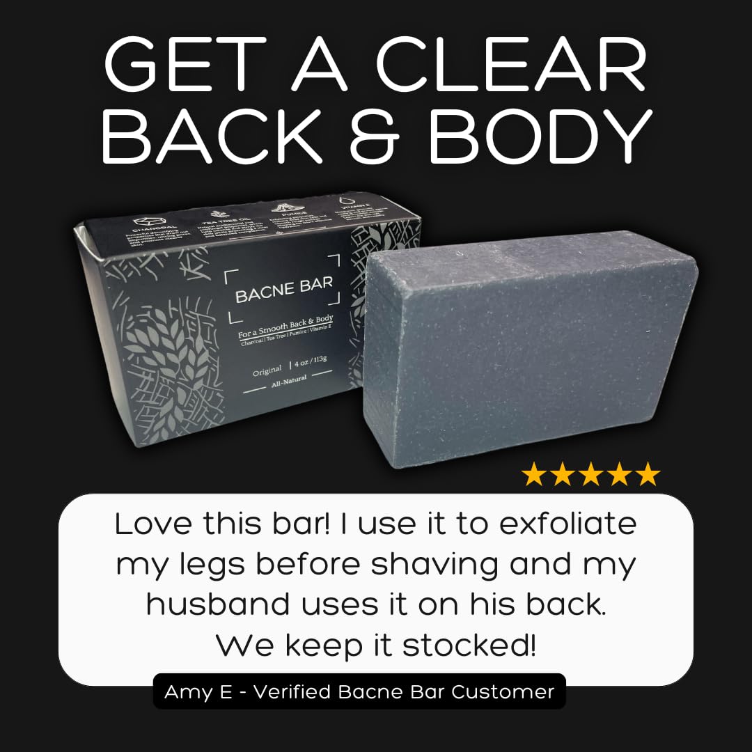 Bacne Bar: All Natural Body Acne Soap with Charcoal, Pumice, Tea Tree Oil & Vitamin E for a Deep Exfoliation Back Acne Treatment, Not for Sensitive Skin