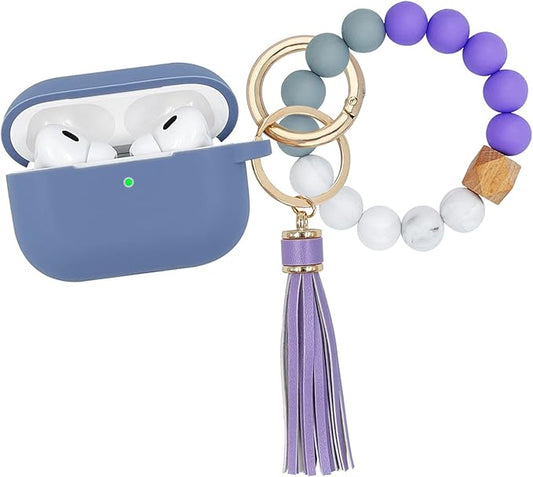 Compatible with Airpods Pro Soft Silicone Case Cover with Bracelet Keychain for Apple Airpod Pro 1st Generation Case for Women (Lavender Grey)