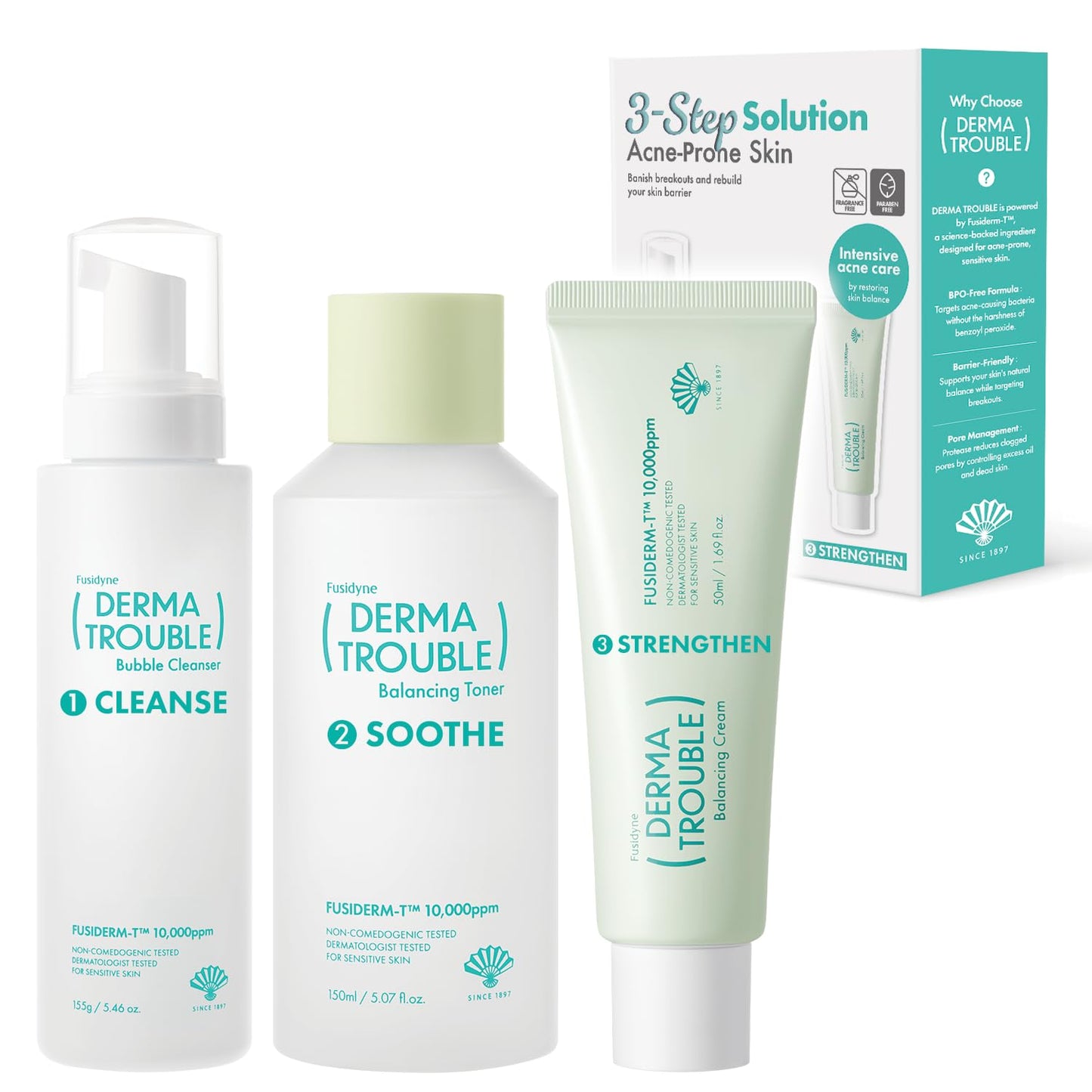 Fusidyne Derma Trouble 3-Step Acne Kit - Korean Skin Care Routine for Clogged Pores & Sensitive Skin, Gentle pH-Balanced Cleanser, Toner & Cream, Non-Irritating Formula. Anti-Sebum Complex, Fusiderm-T