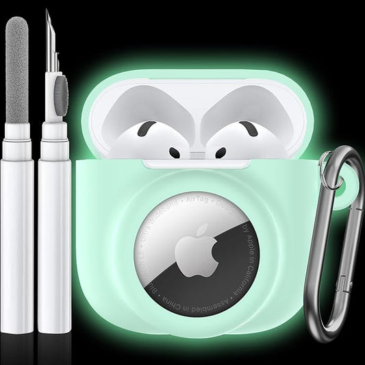 2 in 1 Silicone Case Compatible with AirPod 4 and AirTag, Shockproof Protective Skin Cover for AirPods 4th Generation with Cleaner Kit & Carabiner (Glow Green)