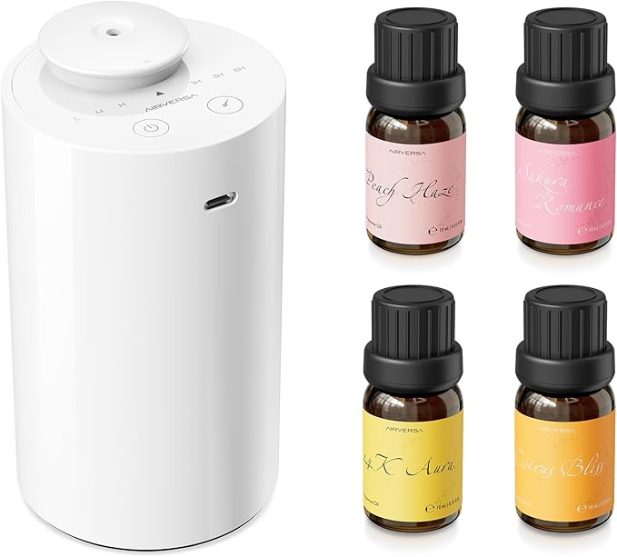 Waterless Essential Oil Diffuser Starter Kit with 4 x 10mL Fragrance Scent Oil, Battery Operated Mini Scent Air Machine Portable Diffuser for Home Car Office, AN6 White Kit01