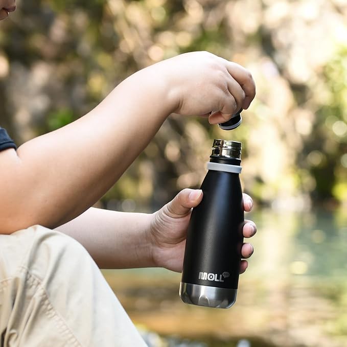 Kids Water Bottle for School-12 oz Stainless Steel Double Wall Vacuum Insulated Sports Water Bottle for Boys-Reusable Metal Travel Leak Proof Flask BPA Free(Black)