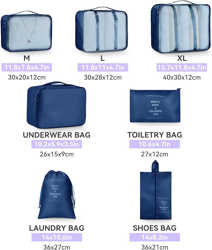 AnyZip Luggage Sets 10 Piece Hardshell Suitcase Set PC ABS Lightweight Travel Suitcases with 4 Double Spinner Wheels TSA Lock 20 24 28 Inch with 7 Storage Bags Dark Blue