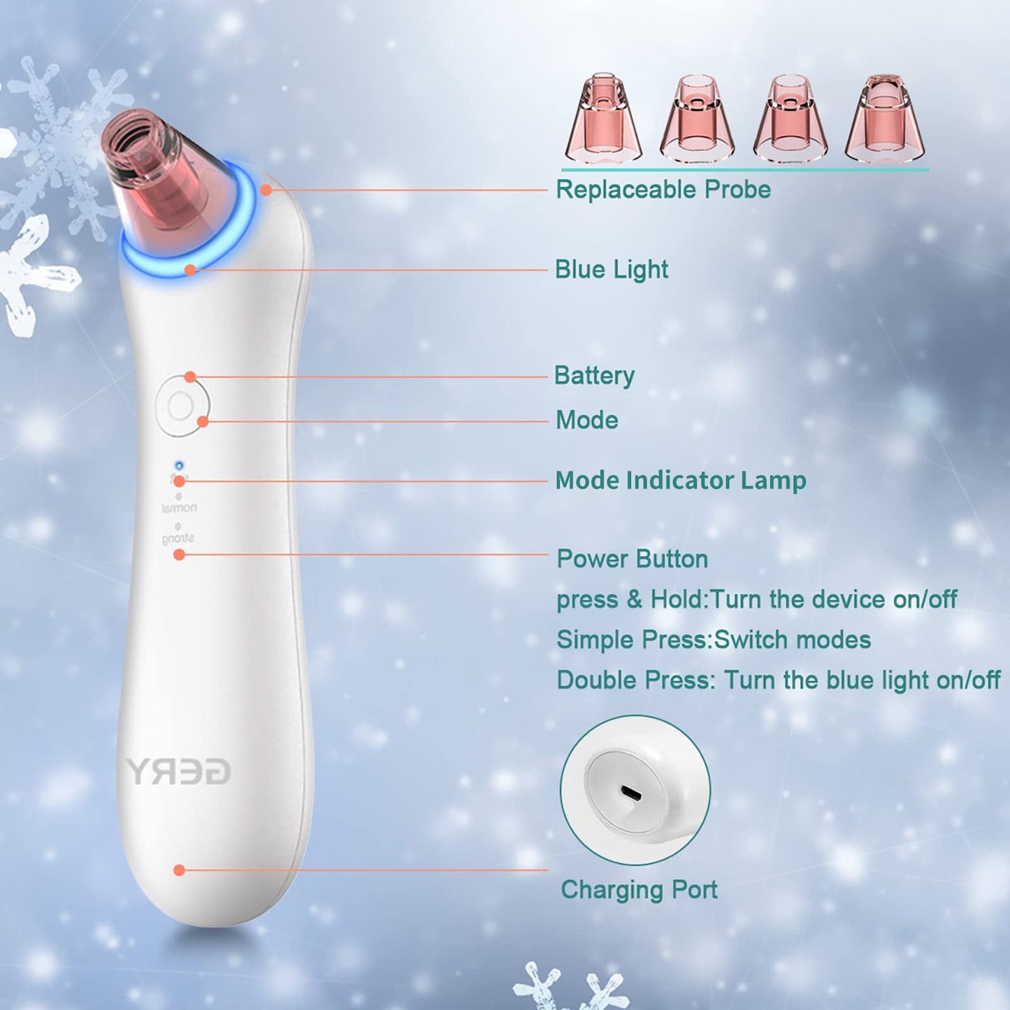 Blackhead Remover Pore Vacuum Extractor-Upgrade GERY Electric Comedone Acne Cleaner Kit Facial and Nose Peel Whitehead Removal Tool,Red Light Skin Rejuvenation & Blue Light Sterilization, and 4 Probes