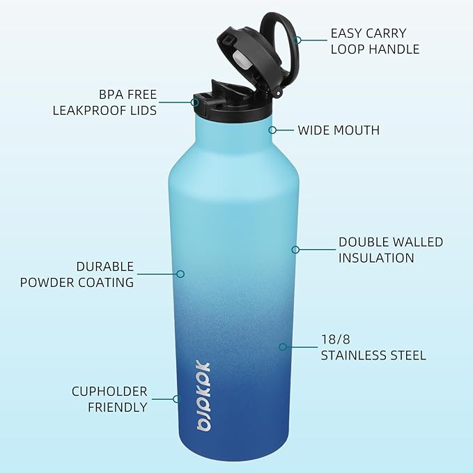 BJPKPK Insulated Water Bottle With Straw 25oz Stainless Steel Water Bottles With 2 Lids And Carry Handle Reusable Travel Metal Thermo,Sky