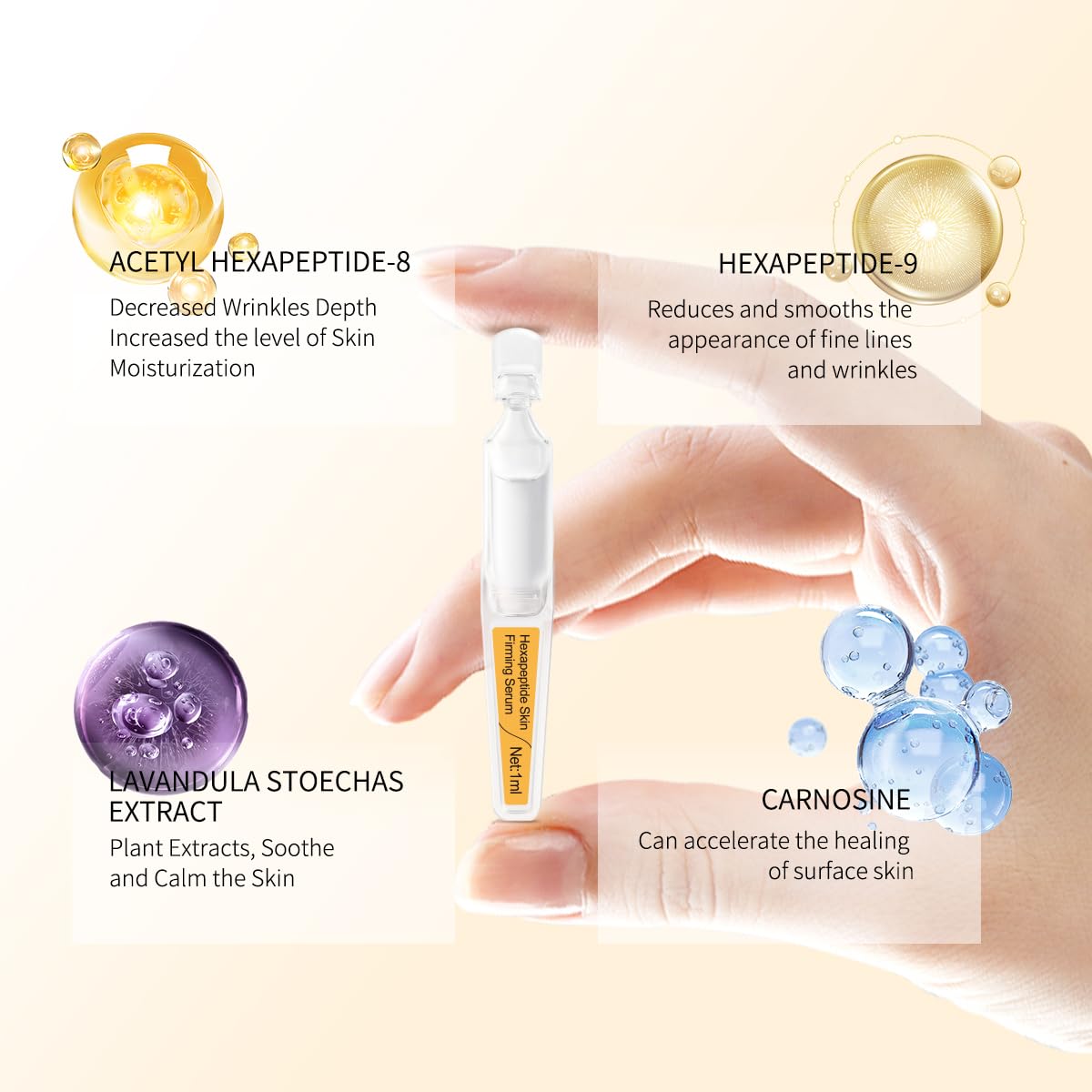 BACHERI Firming Skin Serum with Acetyl Hexapeptide-8, Hexapeptide-9, Carnosine - Moisturizing, Hydrating and Antioxidant for Fine Lines, 15 Pcs/Box Ampoules