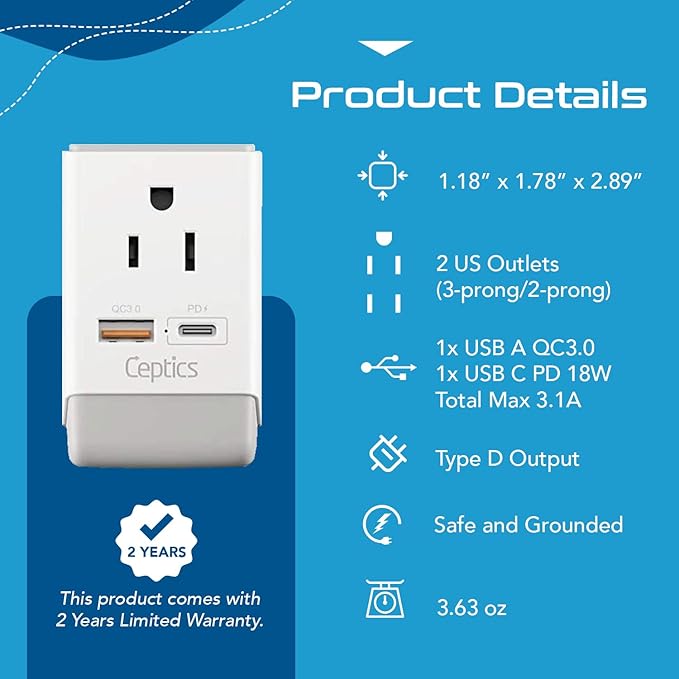 Ceptics US to India Plug Adapter, Type D Plug Adapter QC 3.0 & PD, Safe USB & USB-C 18W, India Plug Adapter Fast Charging - 2 USA Socket Compact & Powerful - Use in Pakistan Nepal Sri Lanka - AP-10
