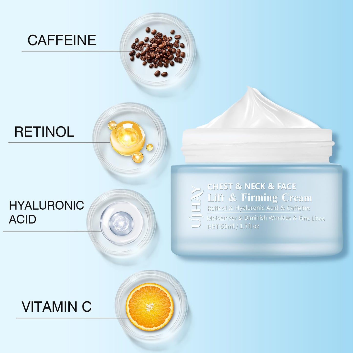 UJhay Retinol Neck Cream, Hyaluronic Acid and Caffeine Enriched Neck Firming Cream to Minimize Fine Lines & Dullness - 3-in-1 Moisturizing Cream for Neck, Chest and Face (50 ml/1.7 oz)