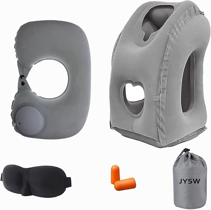 Inflatable Travel Pillow,U-Shaped JYSW Portable Airplane Pillow Multifunctional Neck and Head Support Lap Pillow for Airplanes Trains Buses and Office Napping with Eye Mask, Earplugs, Grey
