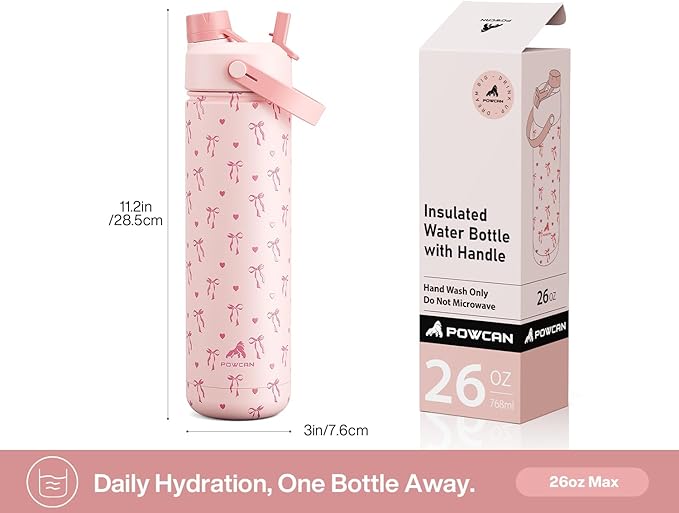 26 oz Insulated Water Bottle with 2-in-1 Straw and Spout Lid, Keep Cold 24H, Leak-Proof, Fits in Car Cup Holder, Stainless Steel Water Bottle for Sports, Travel, and School (Sweetheart Bow)