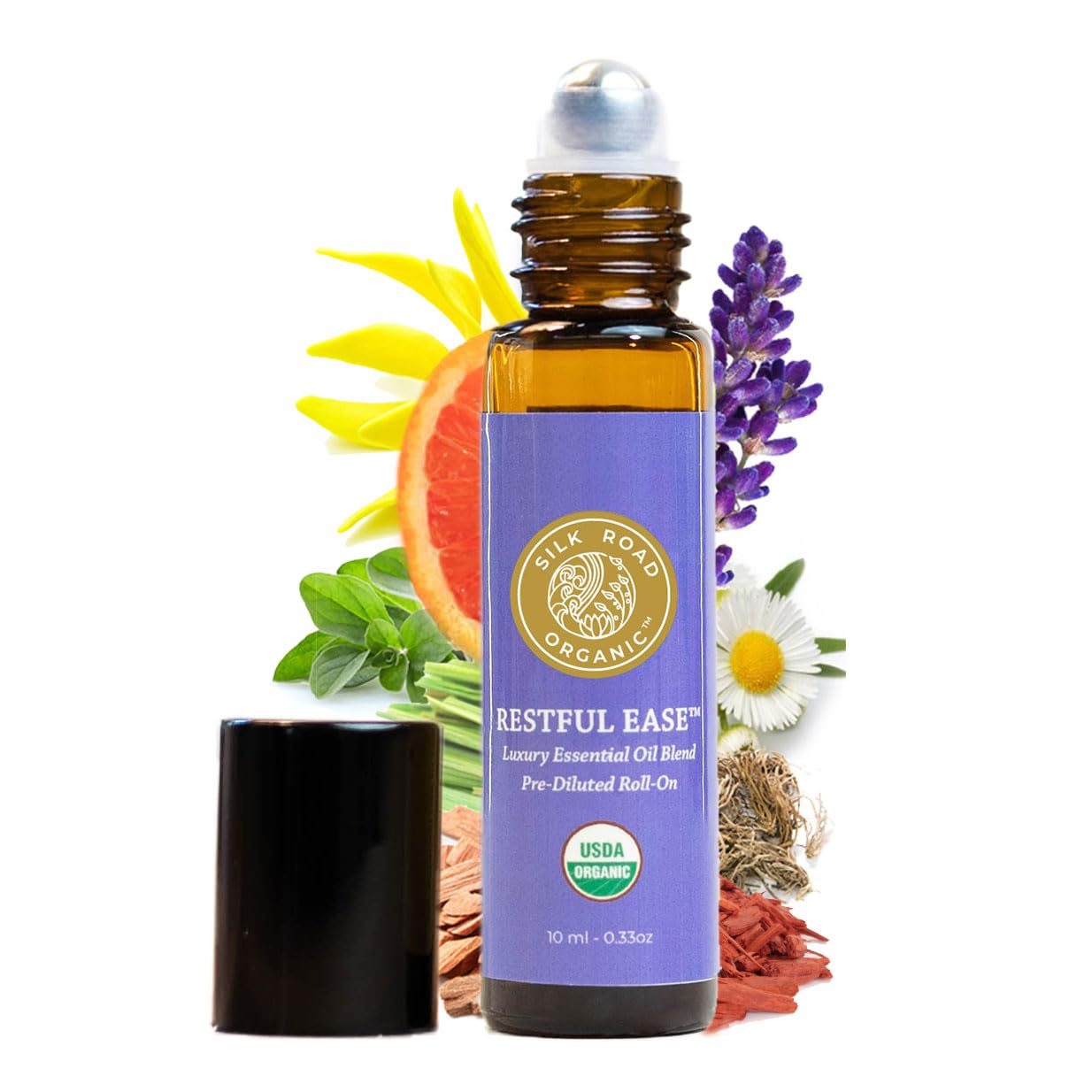 Silk Road Organic Restful Ease Essential Oil Sleep & Stress Blend Roll On - 100% Pure USDA Certified with Indian Sandalwood - Stress Ease Aromatherapy & Calming Relaxation - 10 ml Roller