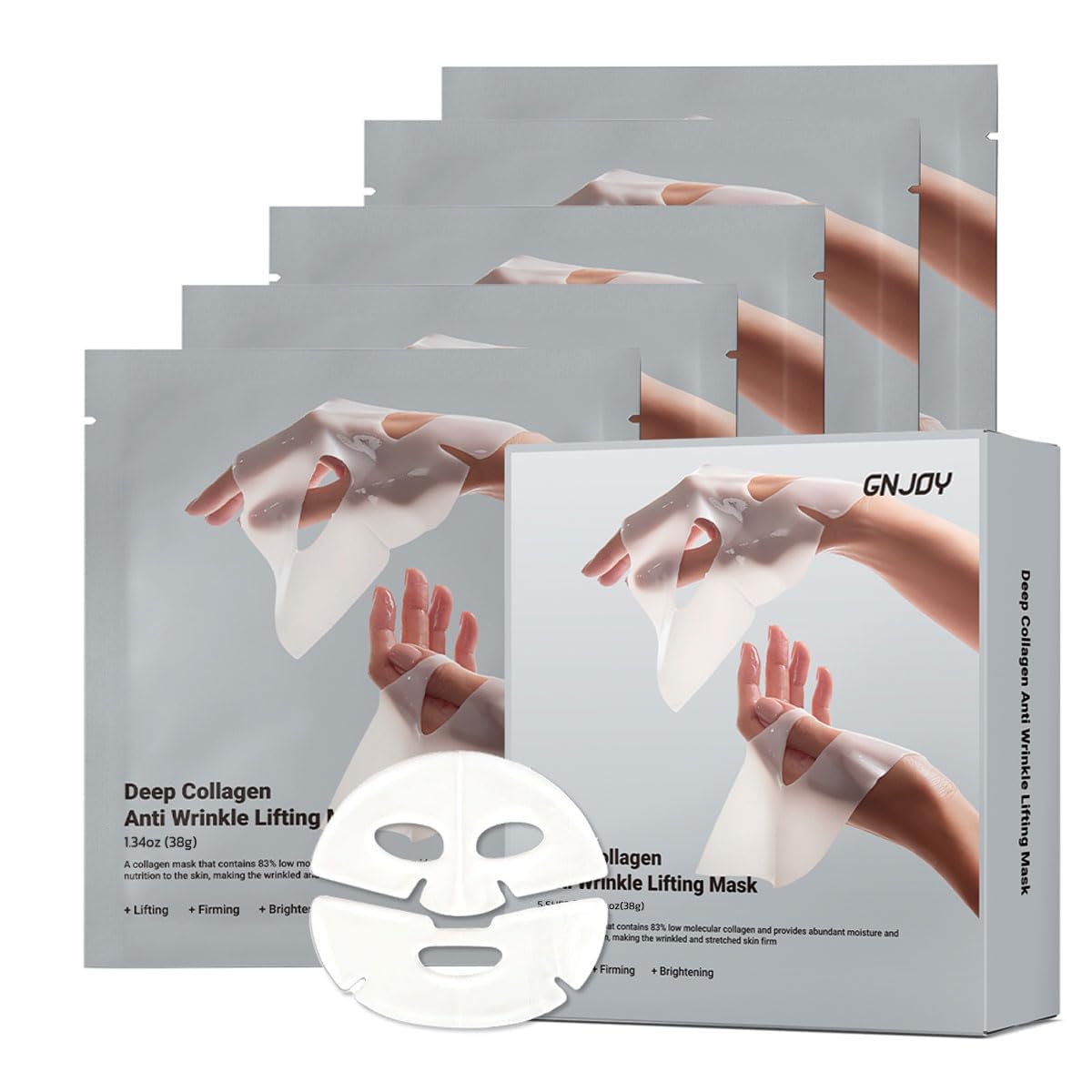 GNJOY Collagen Face Mask Deep Collagen Anti Wrinkle Lifting Mask Collagen Face Mask Overnight, Collagen Real Deep Mask for Lifting, Firming, Moisturizing - 38g x 5ea