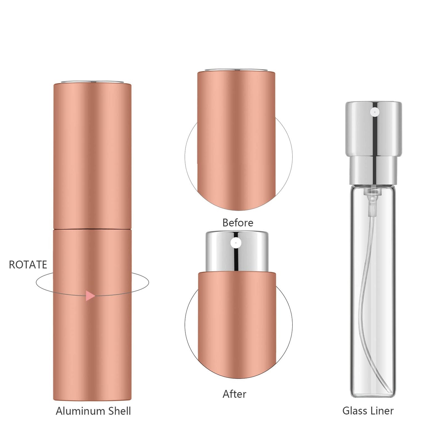 Lil Ray 8ML Portable Perfume Atomizer (2 PCS) Refilable Empty Mini Spray Bottle for Travel Pocket Cologne Liquid Sprayer (Matte Black&Rose Gold)