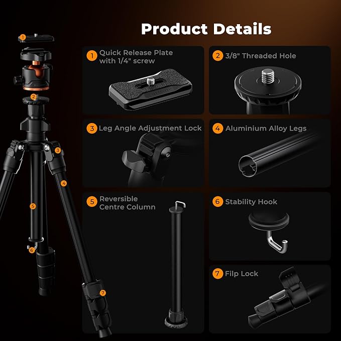 K&F CONCEPT 70" Camera Tripod, Lightweight Travel Tripods for Camera with 360 Degree Ball Head Load Capacity 17.6lbs, Cellphone Clip for Smartphone Live Streaming Vlog K234A3+BH-36