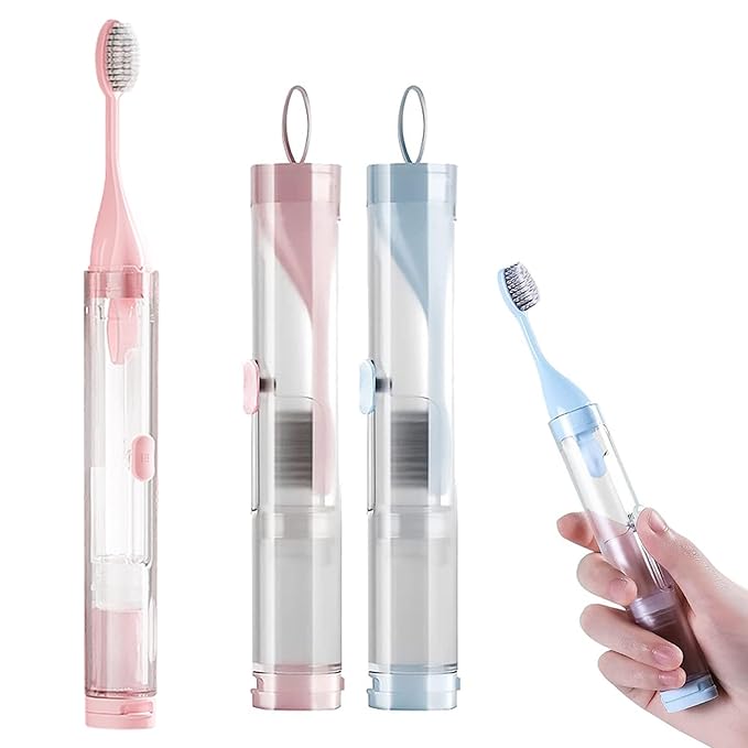 2Pcs Travel Toothbrush Kit Fold Travel Size Built-in Toothpaste Container, Including 2 Cleaner Head Soft Bristles for Camping, School, Business Trip (Blue, Pink)
