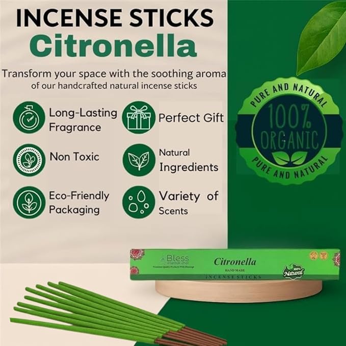 Bless-Citronella 100%-Natural-Handmade-Hand-Dipped-Incense-Sticks Organic-Chemicals-Charcoal-Free Purification-Relaxation-Positivity-Yoga-Meditation Best-Woods-Scent (500 Sticks (26 OZ))