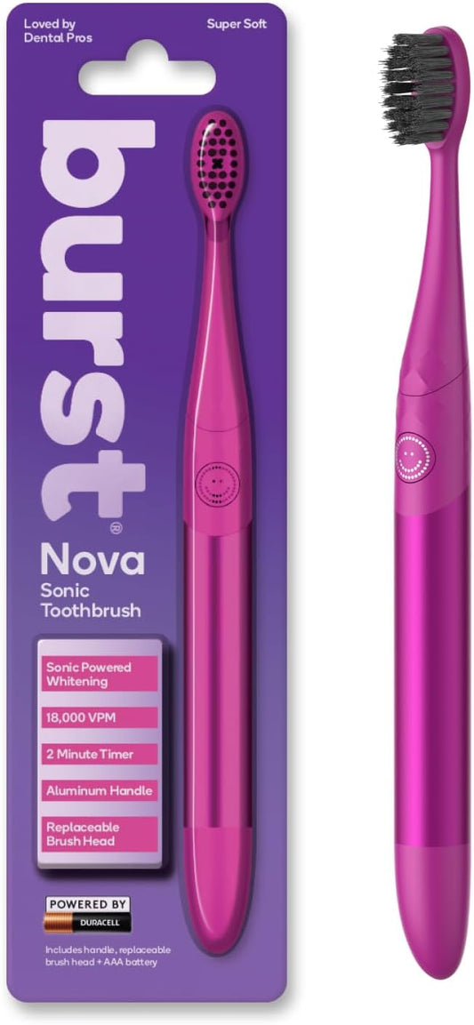 Burst Nova Toothbrush (Pink) | Sonic Powered Teeth Whitening | Super-Soft Bristles | 18000 VPM | 2 Minute Timer | Aluminum Handle | Replaceable Brush Head | Compact Size | with AAA Battery