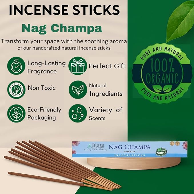 Bless-Nag-Champa 100%-Natural-Handmade-Hand-Dipped-Incense-Sticks Organic-Chemicals-Charcoal-Free Purification-Relaxation-Positivity-Yoga-Meditation Best-Woods-Scent (100 Sticks (5.25 OZ))