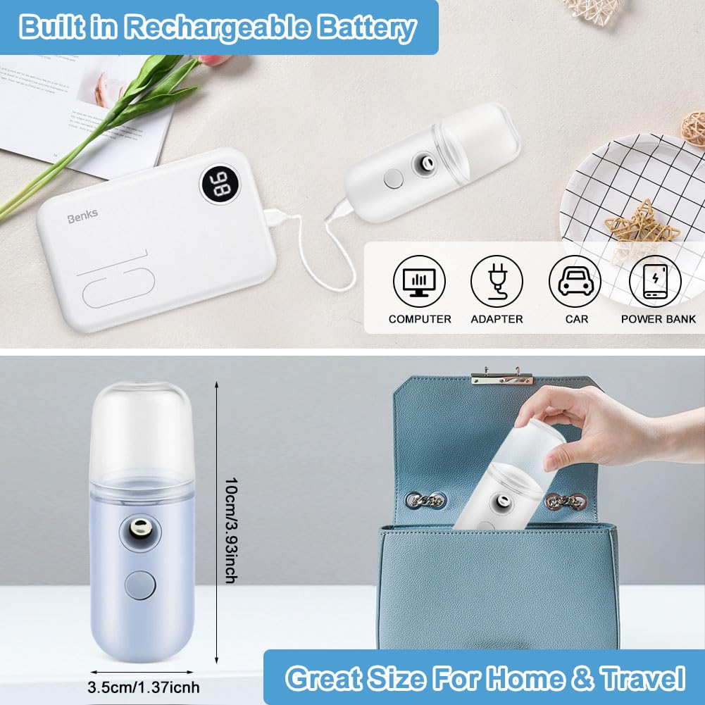 2PCS Portable Nano Face Mister, Abnaok Facial Steamer, USB Rechargeable Cool Mist Sprayer, 30ml Visual Water Tank, Nano Mister for Eyelash Extensions, Facial Deep Cleaning, Makeup