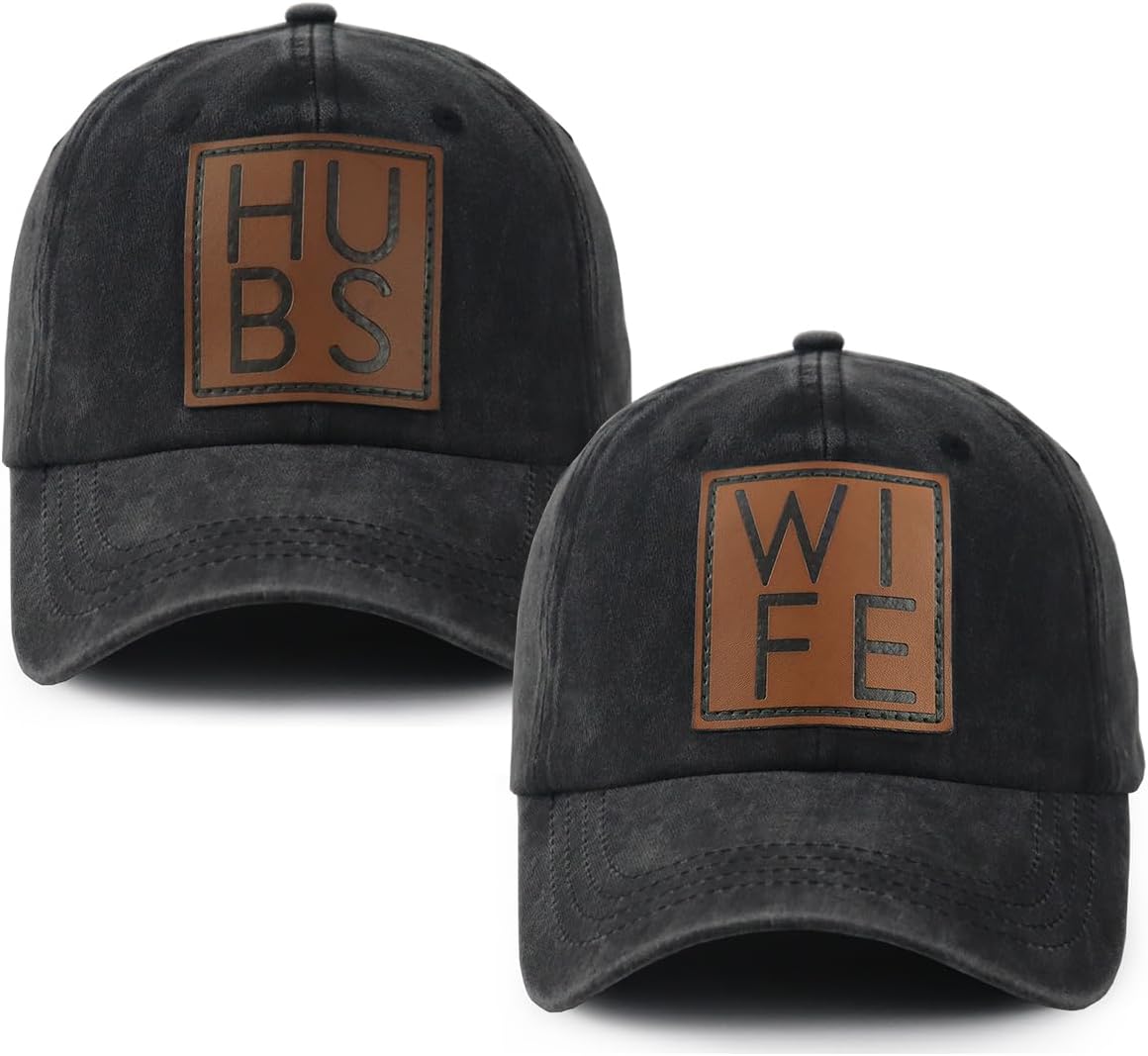 Mr and Mrs Gifts, Hubby Gifts for Men, Wifey Hat for Women, 2 PCS Honeymoon Hats, Just Married Gifts for Husband Wife Bride Groom, Adjustable Cotton Couple Baseball Cap Black