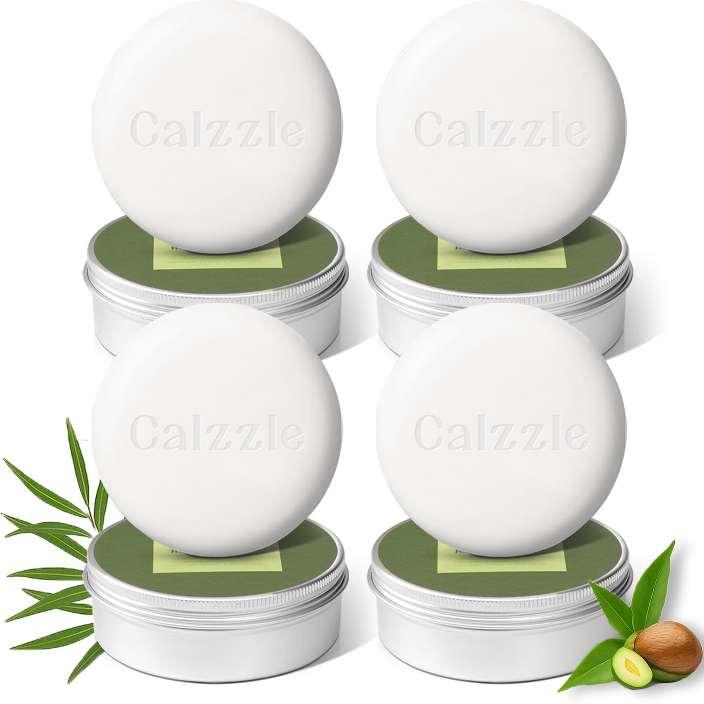 Calzzle 4 Pcs Herbal Soap Bar with Tea Tree Oil, Olive Oil & Organic Shea Butter - Natural Handmade Soap for Women & Men, Gentle Face, Body & Foot Cleanser for Dry, Itchy or Sensitive Skin, 3.53 oz