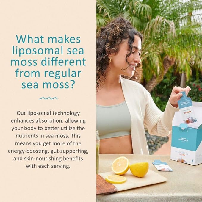 Akasha Superfoods Irish Sea Moss Gel, Liposomal Seamoss with Irish Sea Moss, Vitamin E, Citrus, Organic Vanilla, Glycerin, Skin, Energy & Gut Health Support for Women & Men, Sweet Citrus Flavor, 30 Ct