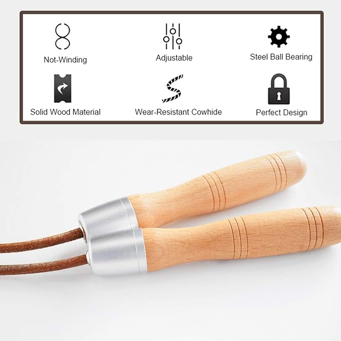 Ahomie Leather Jump Rope, Adjustable Skipping Jumping Ropes, with Rotary Bearing and Pure Wood Handles, for Gym & Home Fitness Workouts