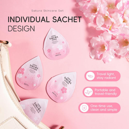 Sakura Travel Skincare Sets, 60pcs Mini Travel Skin Care kit Including Cleanser, Toner, Lotion, Serum, Cream, Sleepping Mask